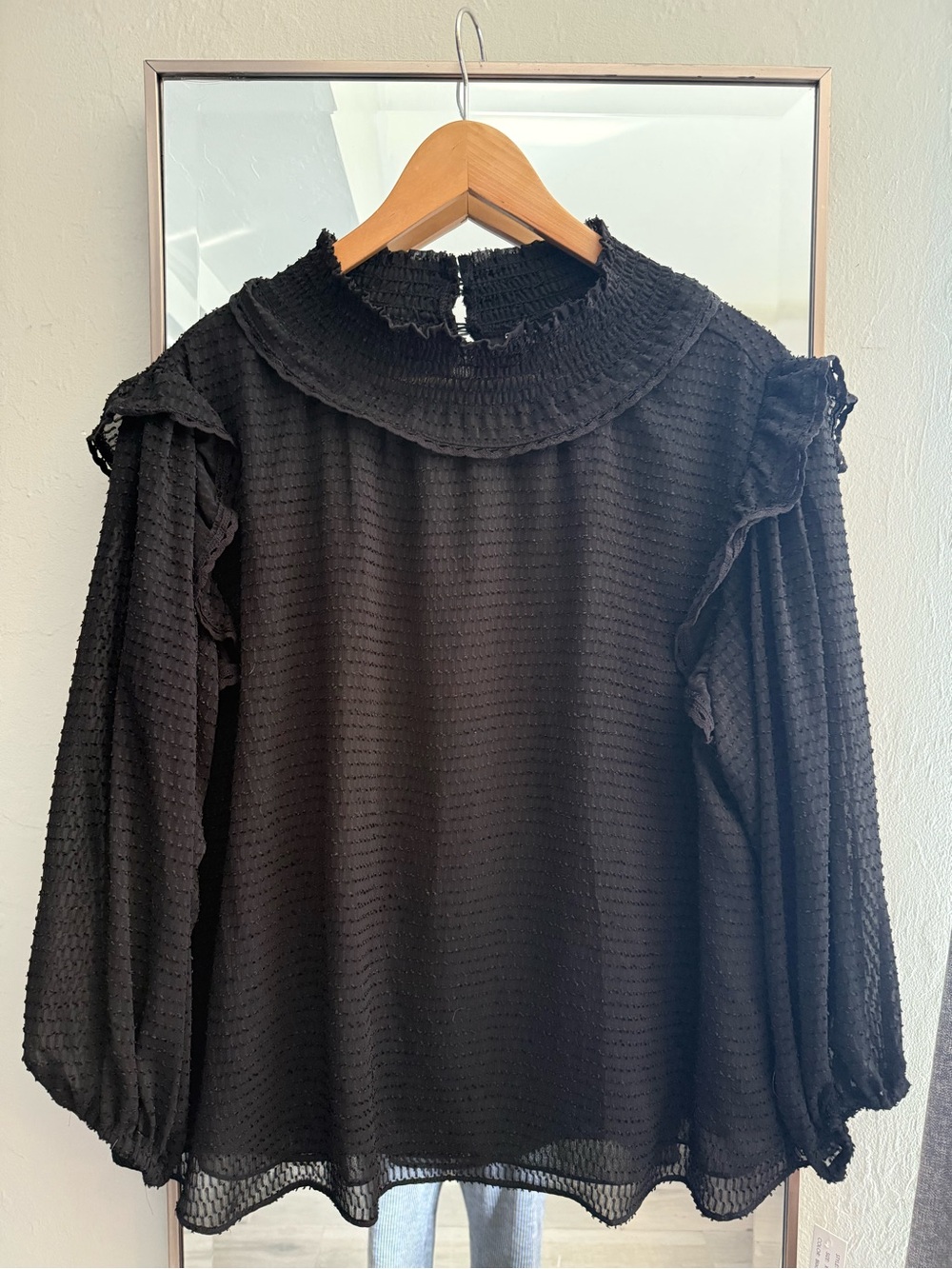 Zac & Rachel Black Smocked Ruffle Neck Blouse